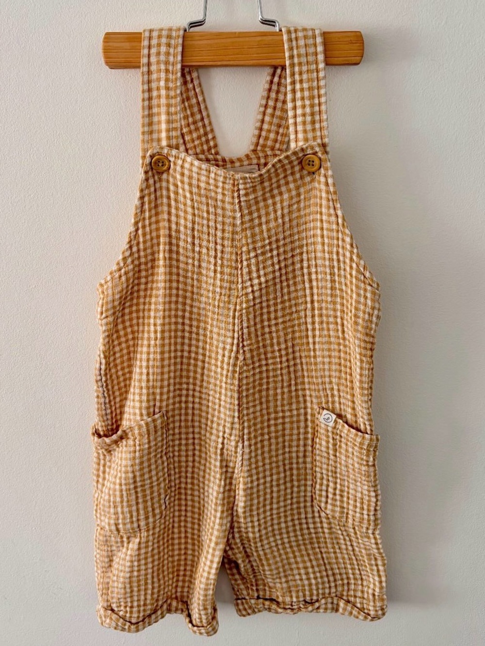 Little Planet Organics Kids Gingham Short Overalls in Yellow